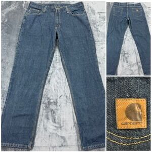 Carhartt Mens Relaxed Fit Straight Leg Denim Jeans Dark Wash Leather Patch 36x34